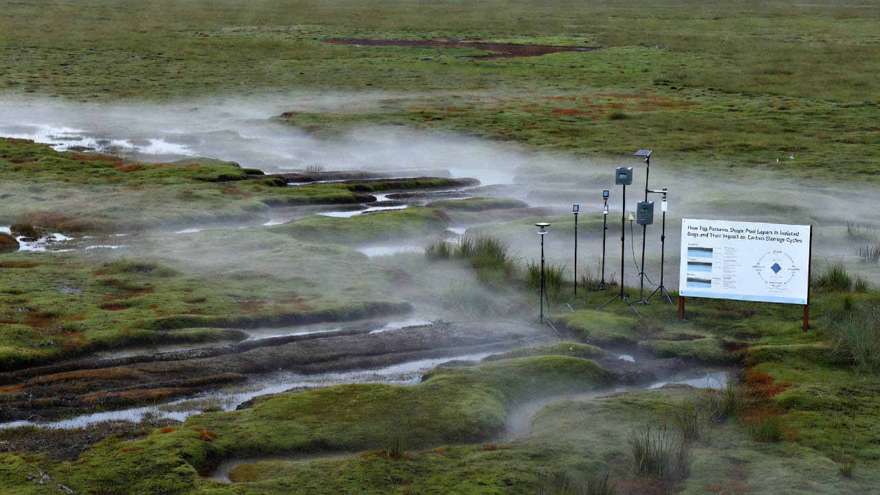 Cross-section view of stratified peat layers in a bog with moisture gradients highlighted by fog influence